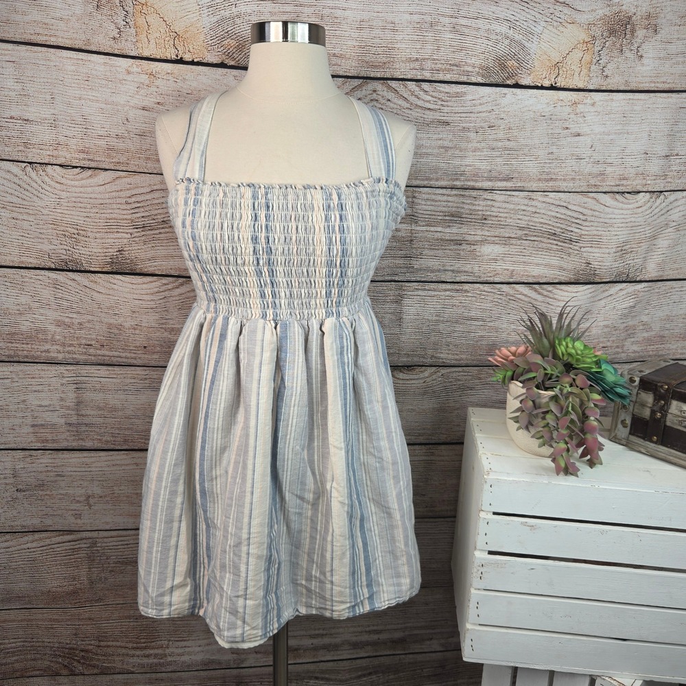 American Eagle Striped Smocked Mini Dress Womens Small Blue Linen Blend Coastal